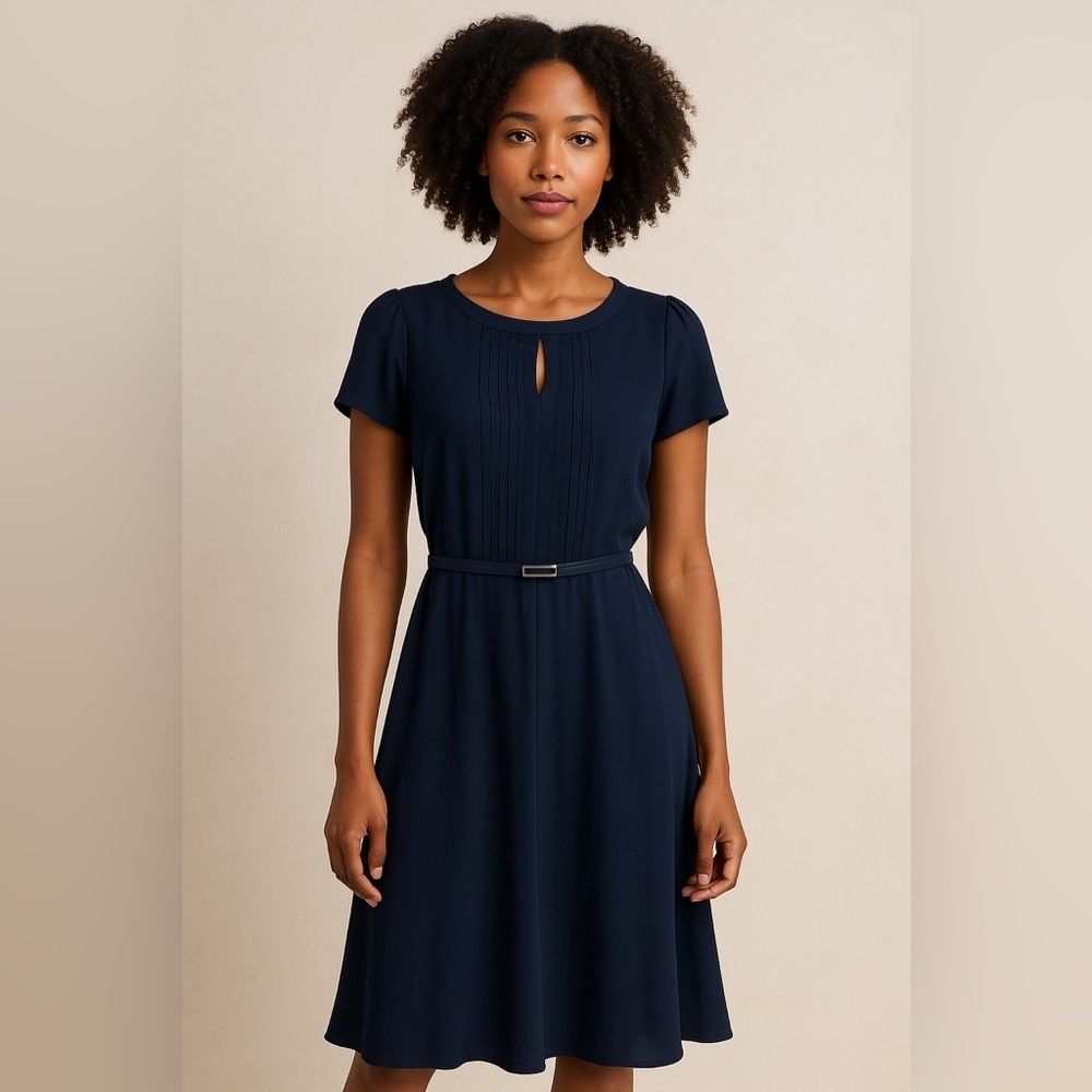 Julio Womenās Size 8 Navy Blue Belted Fit & Flare Dress Short Sleeve Pleated
